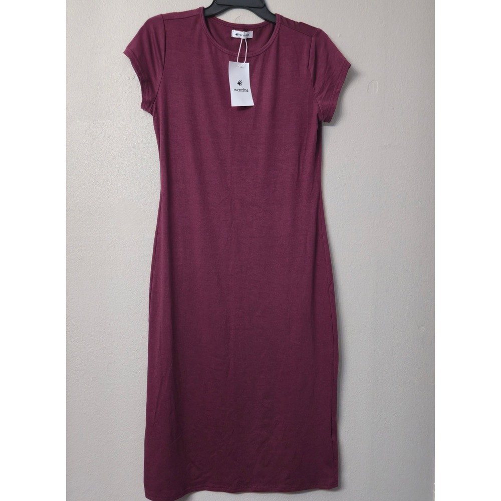 Wenrine Womens Burgundy Short Sleeve Bodycon Midi T-Shirt Dress M2H901 Small